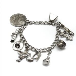 Vintage 925 Sterling Silver Charm Bracelet Loaded W/ 10 Charms 7.25"